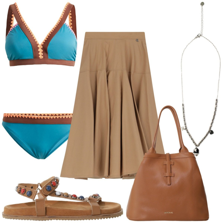 Outfit donna - Total look #2210585. Stile Etnico per Mare. Abbinamento con bikini, borse tote, ciondoli, gonne lunghe, sandali.