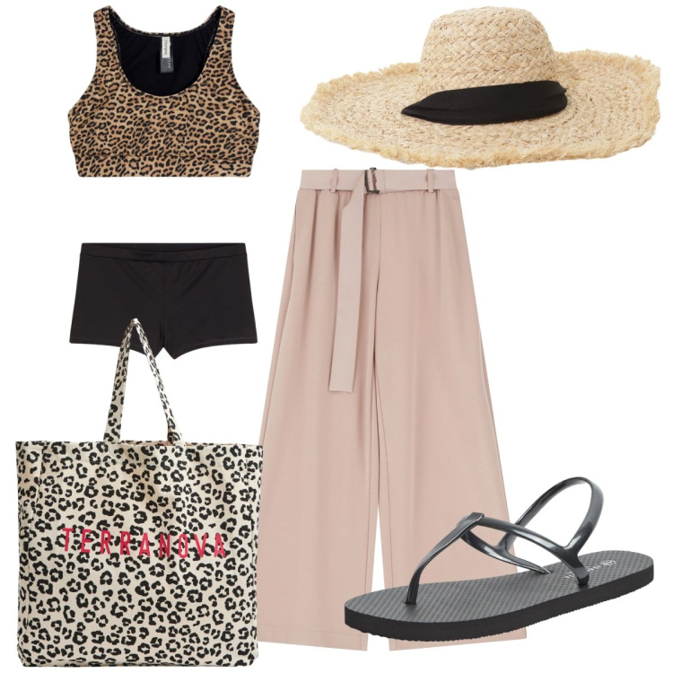 Outfit donna - Total look #2210596. Stile Trendy per Mare. Abbinamento con bikini, sandali, shopping bag, pantaloni, cappelli.