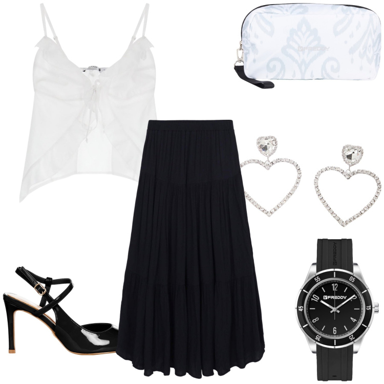 Outfit donna - Tenera è la notte. Stile Bon Ton per Serata fuori. Abbinamento con gonne lunghe, décolleté, top, orecchini, orologi, valigie.