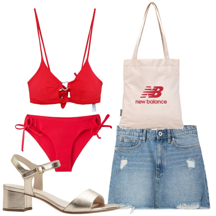 Outfit donna - Total look #2210599. Stile Basic per Mare. Abbinamento con sandali col tacco, minigonne, bikini, bikini, shopping bag.