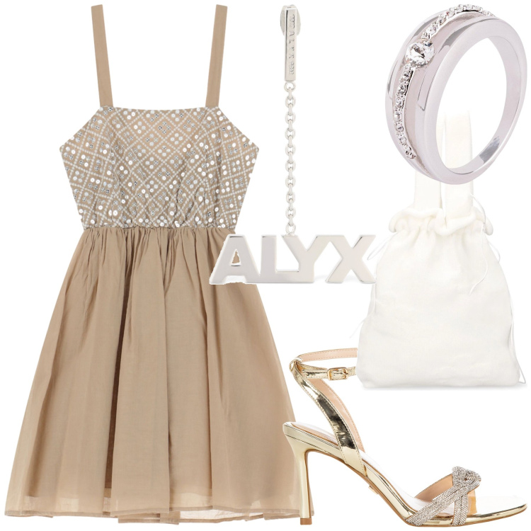 Outfit donna - Serata chic. Stile Chic per Serata fuori. Abbinamento con anelli, sandali col tacco, vestiti corti, orecchini, borse a mano.
