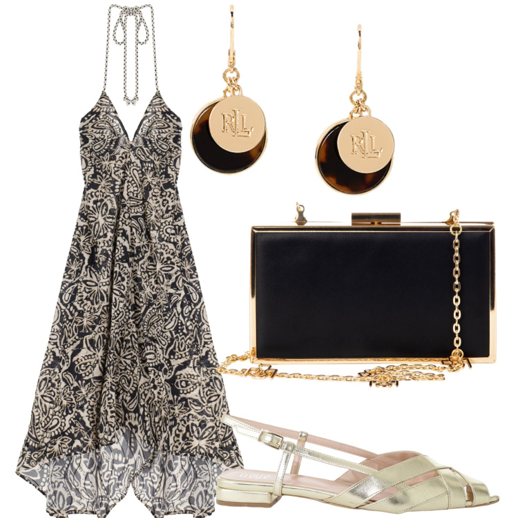 Outfit donna - Fresco aperitivo. Stile Trendy per Serata fuori. Abbinamento con pochette, vestiti lunghi, sandali, orecchini.