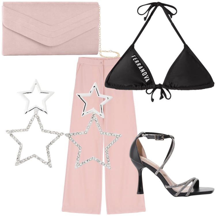 Outfit donna - Chic sotto le stelle sulla sabbia. Stile Chic per Serata fuori. Abbinamento con pochette, orecchini, bikini, sandali col tacco, pantaloni.
