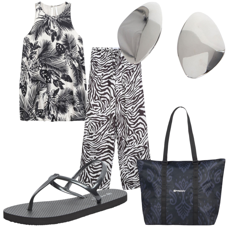 Outfit donna - Total look in the city. Stile Urban per Tutti i giorni. Abbinamento con sandali, pantaloni, vestiti corti, orecchini, shopping bag.
