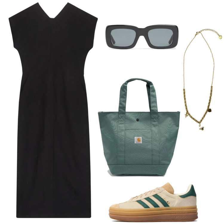 Outfit donna - Un semplice vestito nero. Stile Casual per Tutti i giorni. Abbinamento con ciondoli, vestiti lunghi, sneakers, borse tote, occhiali da sole.