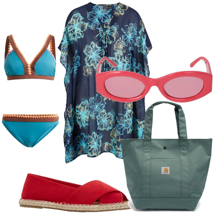 Outfit donna - Mare un po’ etnico e coloratissimo. Stile Trendy per Mare. Abbinamento con vestiti da spiaggia, bikini, espadrillas, occhiali da sole, borse tote.