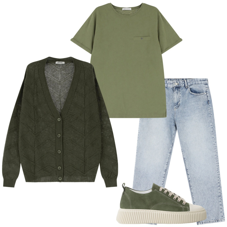 Outfit uomo - Dopo il temporale. Stile Casual per Tutti i giorni. Abbinamento con cardigans, sneakers, jeans dritti, t-shirt.