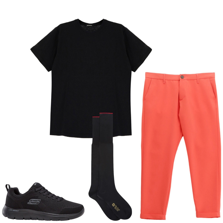 Outfit uomo - Color albicocca. Stile Trendy per Serata speciale. Abbinamento con sneakers, pantaloni, t-shirt, calzini.