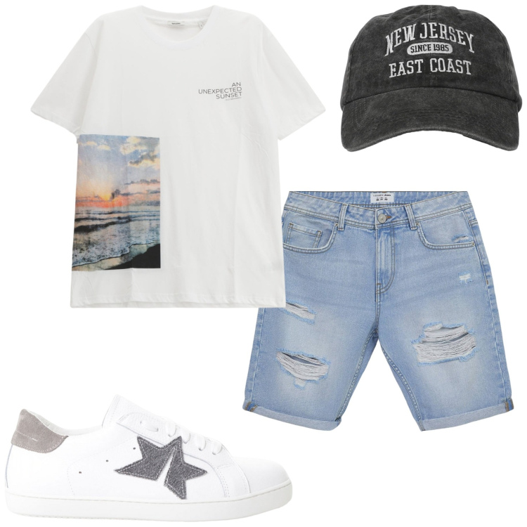 Outfit uomo - Casual style. Stile Casual per Tutti i giorni. Abbinamento con cappelli con visiera, bermuda, sneakers, t-shirt.
