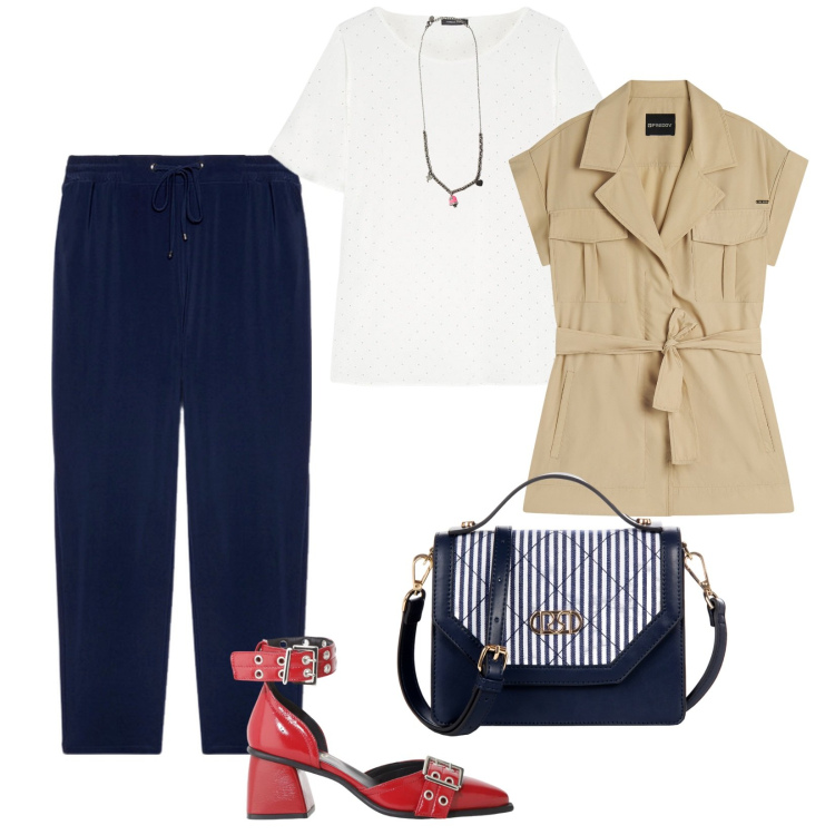 Outfit donna - Lavoro. per Ufficio. Abbinamento con borse a mano, trench, ciondoli, décolleté, pantaloni, bluse.