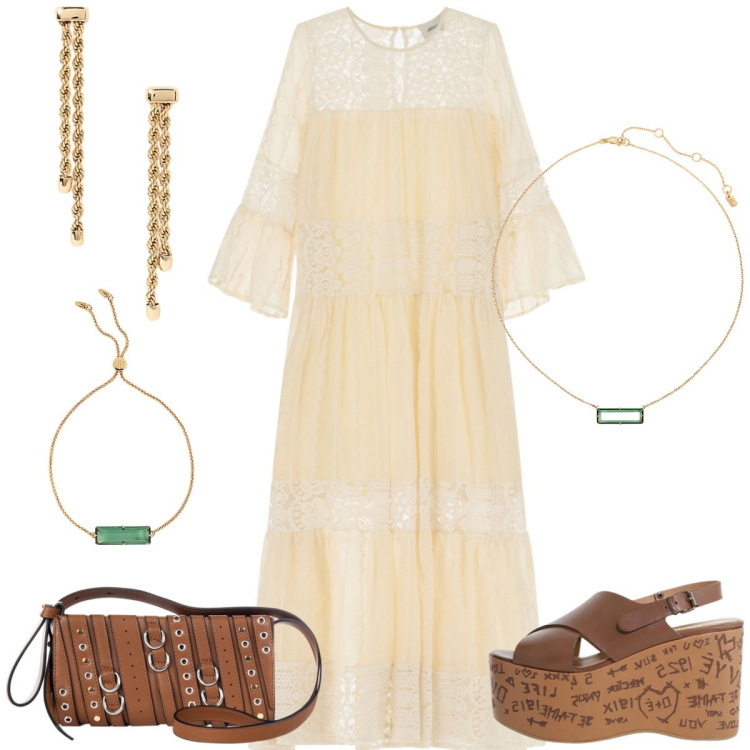 Outfit donna - Total look #2210693. Stile Romantica per Serata fuori. Abbinamento con borse a spalla, zeppe, vestiti lunghi, orecchini, braccialetti, collane.
