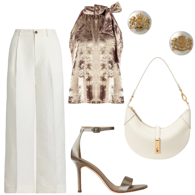 Outfit donna - Serata estiva. Stile Chic per Serata fuori. Abbinamento con top, orecchini, borse a spalla, pantaloni, sandali col tacco.