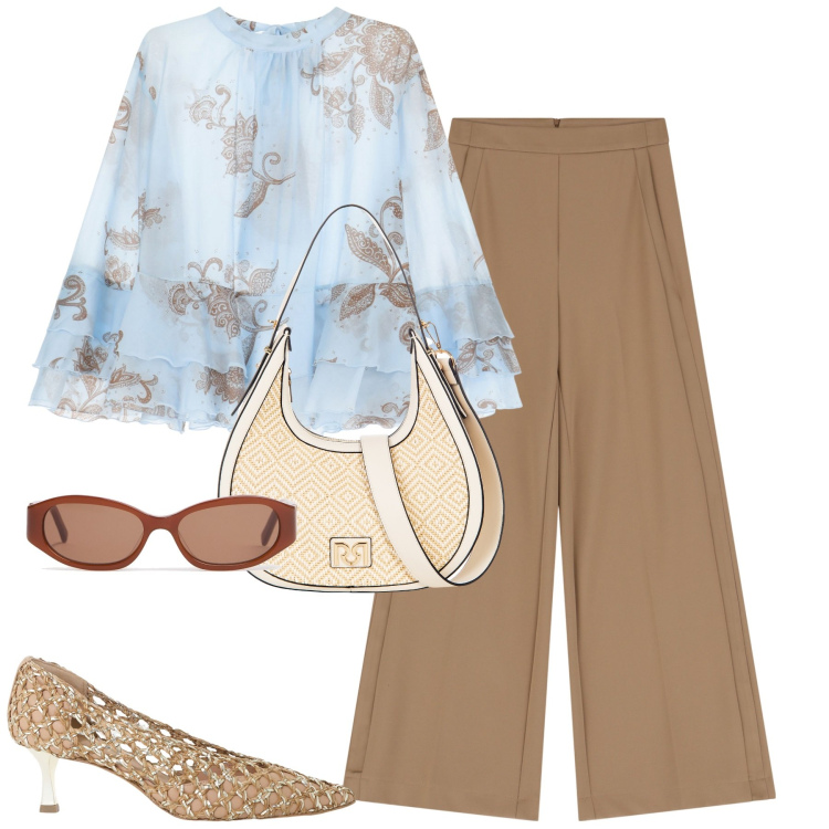 Outfit donna - A cena. Stile Chic per Serata fuori. Abbinamento con borse a mano, pantaloni a palazzo, camicie, décolleté, occhiali da sole.