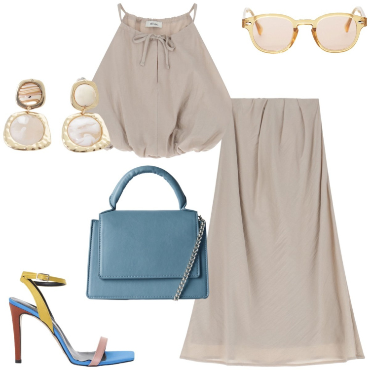 Outfit donna - Total look #2210705. Stile Casual chic per Tutti i giorni. Abbinamento con borse a tracolla, occhiali da sole, gonne lunghe, sandali col tacco, orecchini, top.