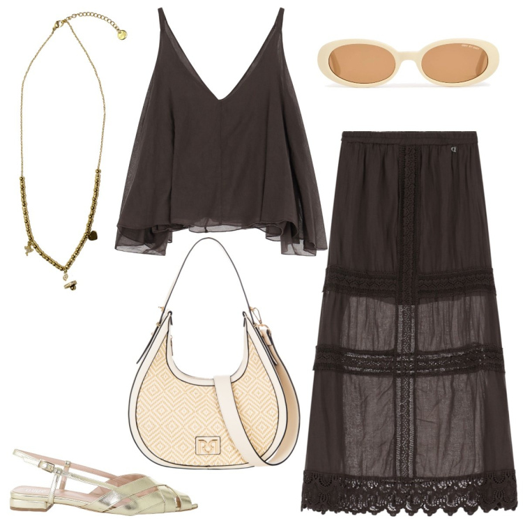 Outfit donna - Pomeriggio estivo. Stile Boho per Tutti i giorni. Abbinamento con borse a mano, ciondoli, sandali, gonne lunghe, top, occhiali da sole.