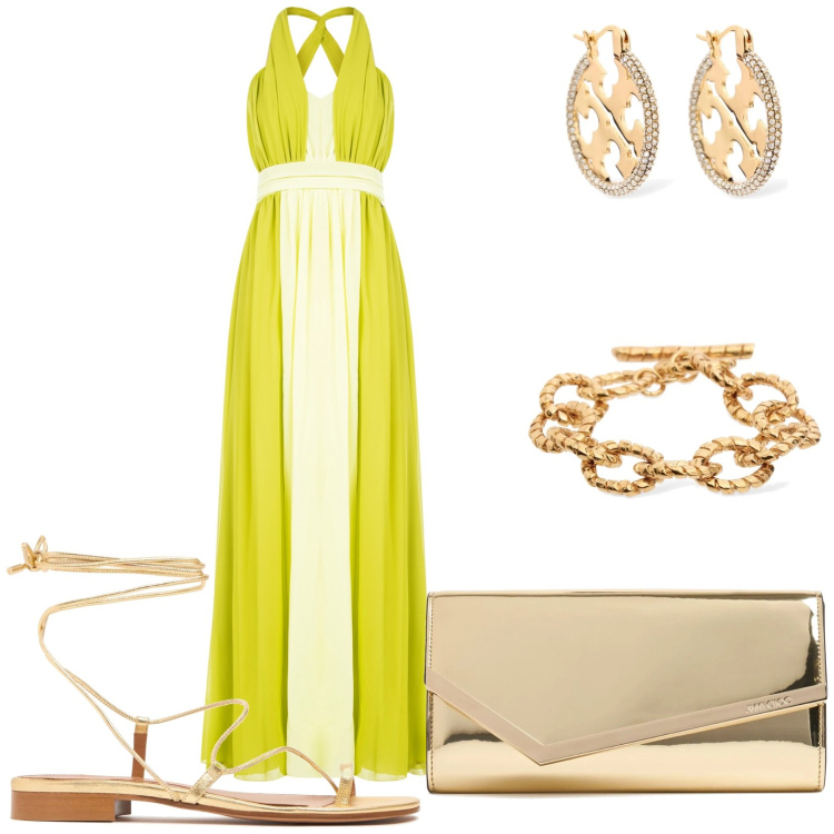 Outfit donna - Matrimonio estivo di mattina. Stile Glamour per Cerimonia. Abbinamento con vestiti lunghi, sandali in pelle, orecchini, pochette, braccialetti.