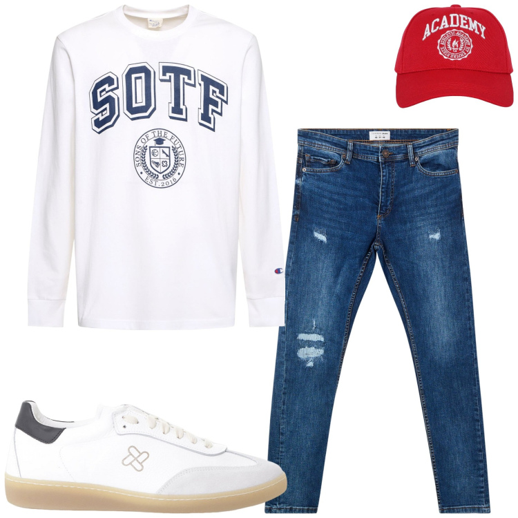 Outfit uomo - Casual style. Stile Casual per Tutti i giorni. Abbinamento con cappelli, jeans strappati, sneakers, t-shirt.