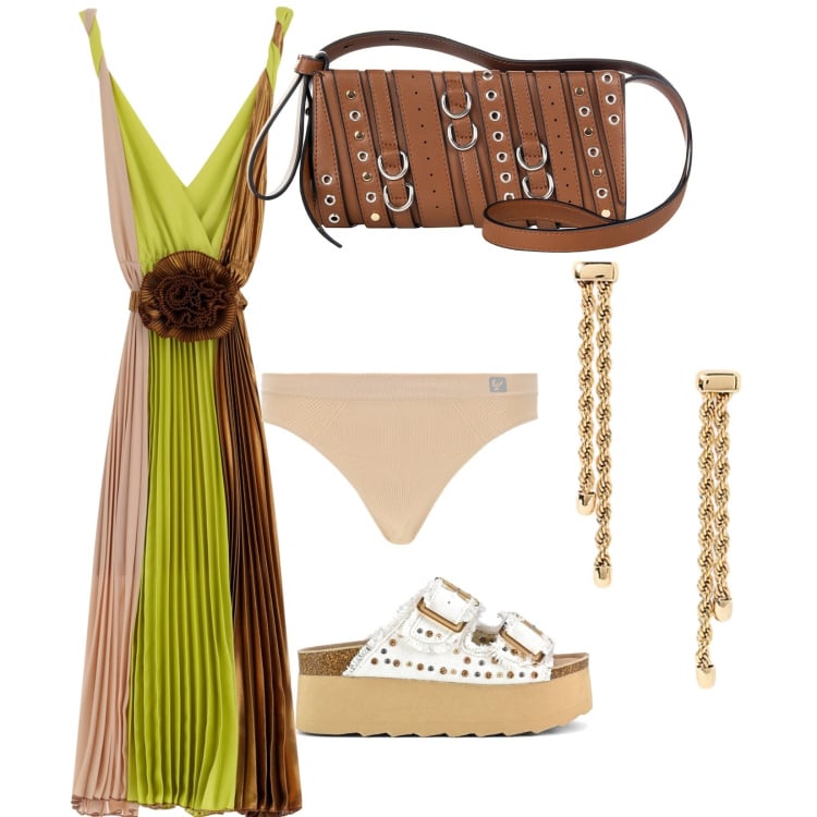 Outfit donna - Summer holiday. per Serata fuori. Abbinamento con borse a spalla, vestiti lunghi, perizomi, orecchini, sandali.