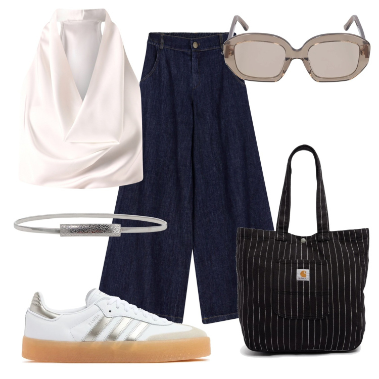 Outfit donna - Silver Jam. Stile Urban per Tutti i giorni. Abbinamento con jeans, cinture, top, borse tote, sneakers, occhiali da sole.