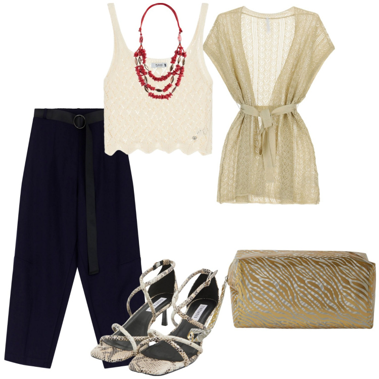 Outfit donna - Cene d\'agosto. per Serata fuori. Abbinamento con sandali col tacco, pochette, top, cappotti, pantaloni, collane.