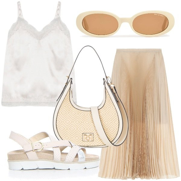 Outfit donna - Gonna lunga per luglio. Stile Casual chic per Tutti i giorni. Abbinamento con borse a mano, gonne lunghe, canottiere, sandali, occhiali da sole.
