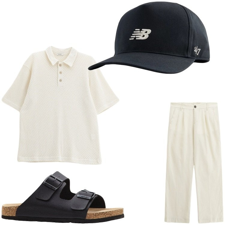 Outfit uomo - Relax. Stile Casual per Tutti i giorni. Abbinamento con sandali, cappelli con visiera, polo, pantaloni.