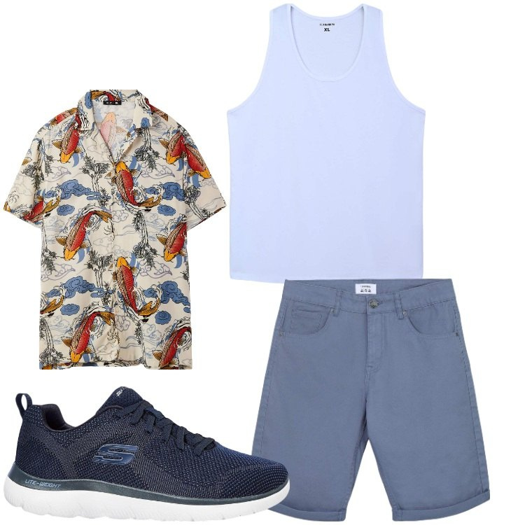Outfit uomo - Fantasia. Stile Casual per Tutti i giorni. Abbinamento con sneakers, canottiere, camicie a manica corta, bermuda.