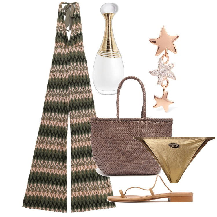 Outfit donna - Alonnisos. Stile Chic per Serata fuori. Abbinamento con profumi, tute, orecchini, borse a mano, bikini, sandali in pelle.