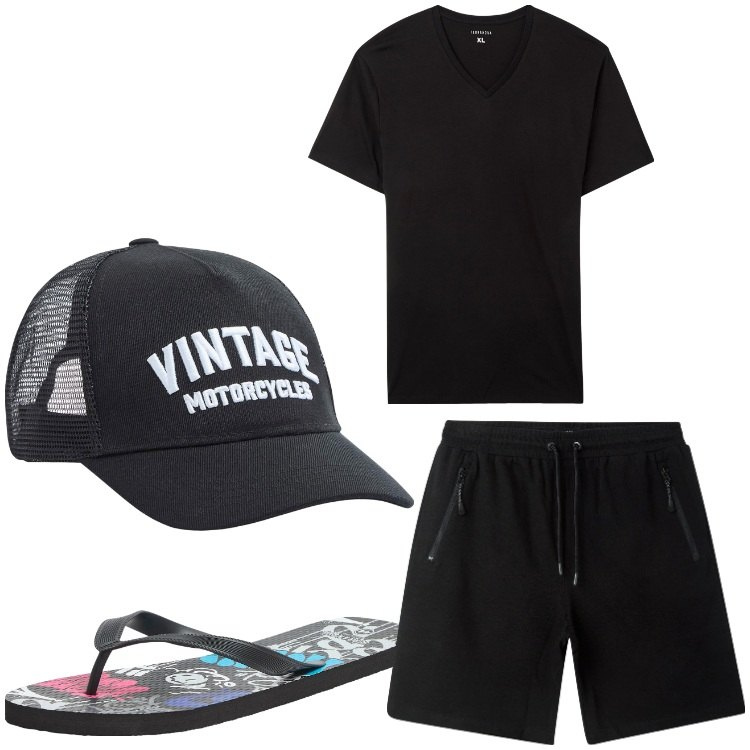 Outfit uomo - mare mare. Stile Casual per Tutti i giorni. Abbinamento con sandali, bermuda, t-shirt, cappelli.
