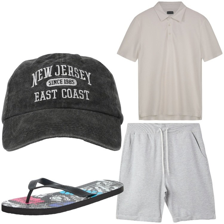 Outfit uomo - New Jersey. Stile Casual per Tutti i giorni. Abbinamento con sandali, pantaloni corti, cappelli con visiera, polo.