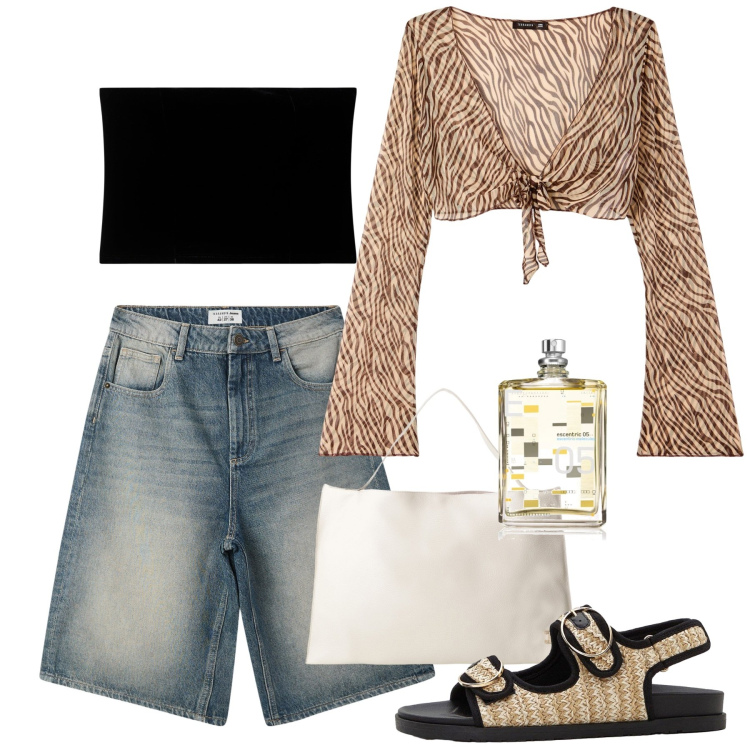 Outfit donna - Skyros. Stile Casual chic per Serata fuori. Abbinamento con sandali, profumi, bermuda, bolero, top, borse a spalla.