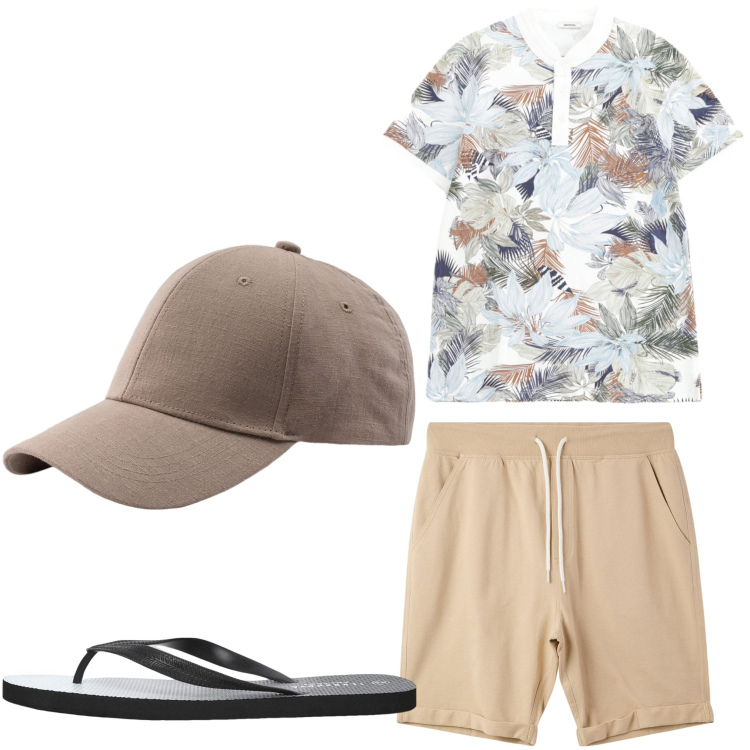 Outfit uomo - Polo e fantasia. Stile Casual per Tutti i giorni. Abbinamento con sandali, pantaloni corti, polo, cappelli con visiera.