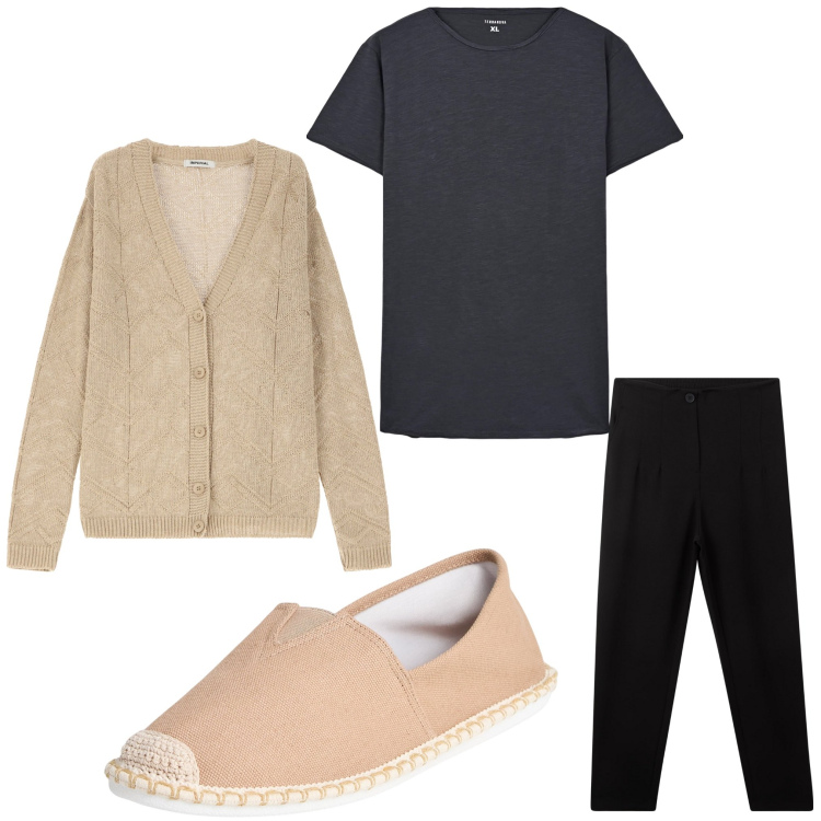 Outfit uomo - Sere fresche. Stile Casual per Tutti i giorni. Abbinamento con espadrillas, pantaloni chino, t-shirt, cardigans.