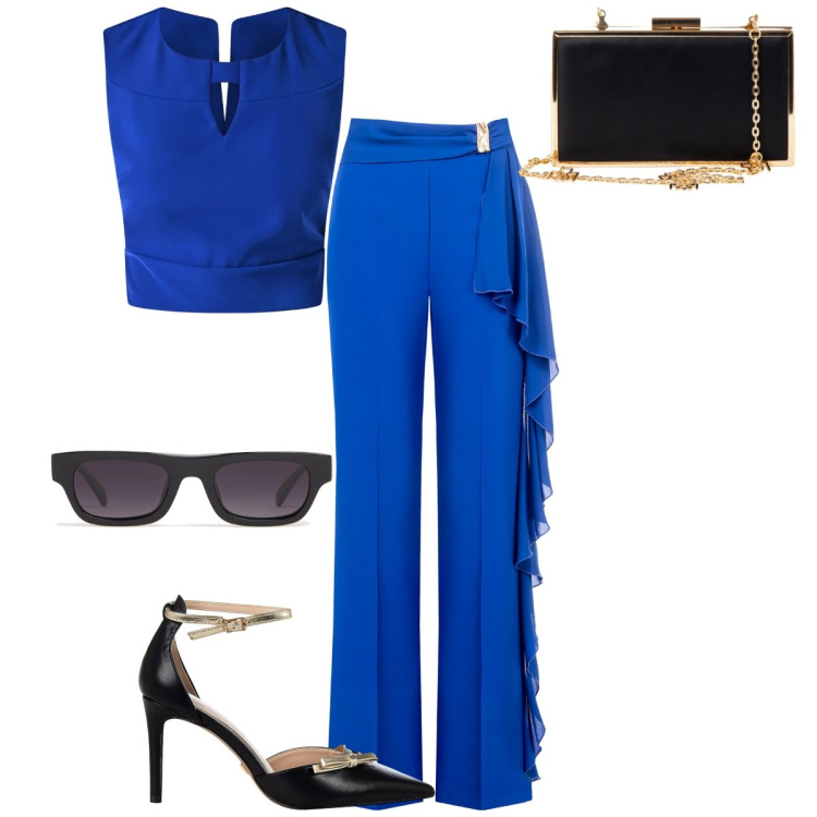 Outfit donna - Cerimonia luglio. Stile Chic per Cerimonia. Abbinamento con décolleté, pochette, top, pantaloni, occhiali da sole.