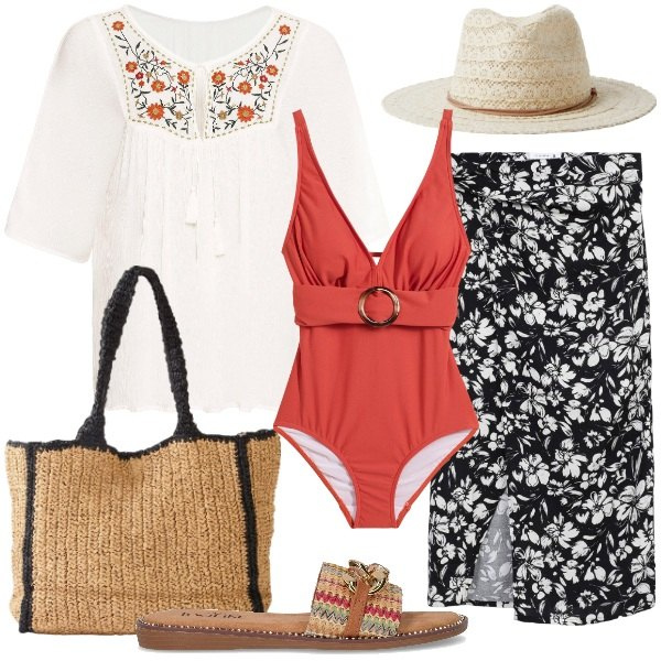 Outfit donna - Outfit da spiaggia curvy. Stile Casual chic per Mare. Abbinamento con costumi interi, tuniche, shopping bag, cappelli, vestiti da spiaggia, ciabatte.