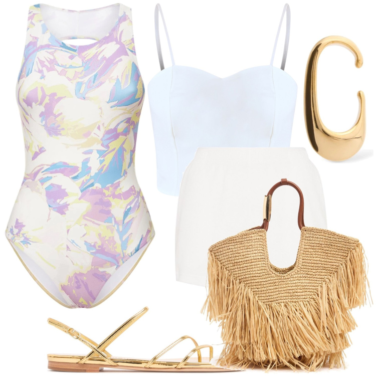 Outfit donna - Il costume è chic. Stile Glamour per Mare. Abbinamento con top, orecchini, costumi interi, sandali in pelle, borse tote, shorts.