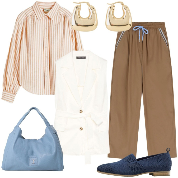 Outfit donna - Rientro in città. Stile Casual chic per Tutti i giorni. Abbinamento con orecchini, mocassini, camicie, pochette, pantaloni, gilet.