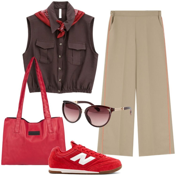Outfit donna - Urban style. Stile Casual chic per Tutti i giorni. Abbinamento con occhiali da sole, sneakers, pantaloni, camicie, shopping bag.