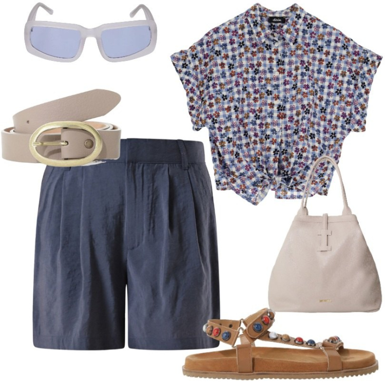 Outfit donna - Look da giorno. Stile Casual per Tutti i giorni. Abbinamento con shorts, borse tote, camicie a manica corta, sandali, cinture, occhiali da sole.