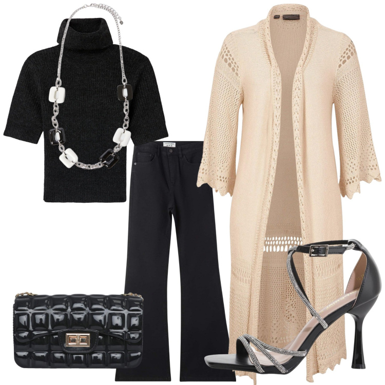 Outfit donna - Cena. Stile Casual per Serata fuori. Abbinamento con cardigans, jeans a zampa, maglieria, borse a tracolla, sandali col tacco, collane.