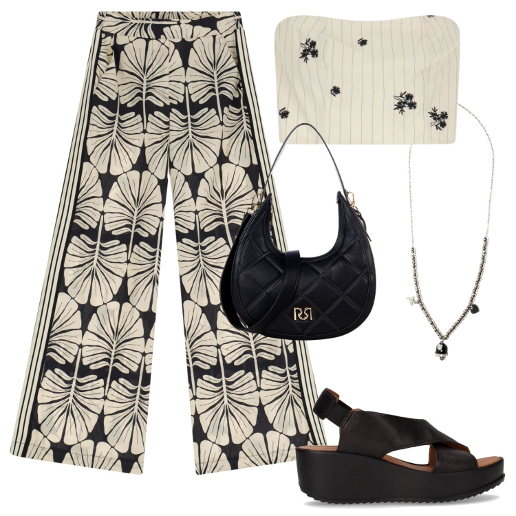 Outfit donna - Righe e Fiori. Stile Casual chic per Tutti i giorni. Abbinamento con borse a tracolla, pantaloni a palazzo, top, ciondoli, sandali.