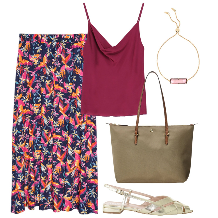 Outfit donna - Summer holiday. Stile Casual per Tutti i giorni. Abbinamento con sandali, top, borse tote, braccialetti, gonne lunghe.