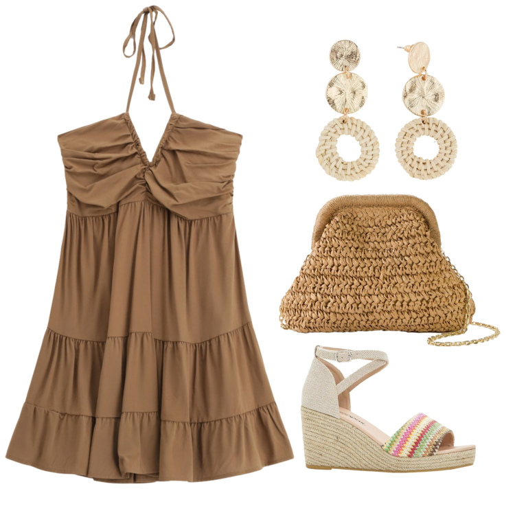 Outfit donna - Summer holiday 2. Stile Boho per Tutti i giorni. Abbinamento con orecchini, borse a tracolla, sandali, vestiti corti.