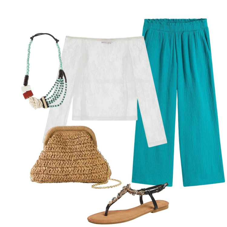 Outfit donna - Aperitivo sulla spiaggia. Stile Glamour per Serata fuori. Abbinamento con pantaloni culotte, borse a tracolla, sandali gioiello, maglieria, collane.