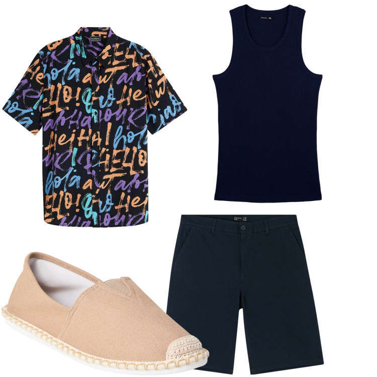 Outfit uomo - Allegro. Stile Casual per Tutti i giorni. Abbinamento con camicie a manica corta, espadrillas, bermuda, canottiere.