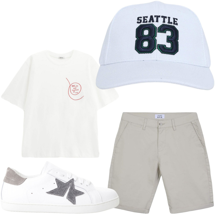 Outfit uomo - Interstellar. Stile Casual per Tutti i giorni. Abbinamento con cappelli, bermuda, sneakers, t-shirt.