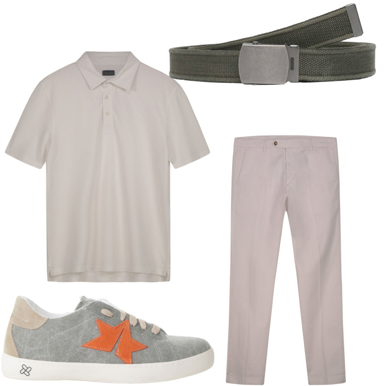 Outfit uomo - Grigio casual. Stile Casual per Tutti i giorni. Abbinamento con cinture, sneakers, pantaloni chino, polo.