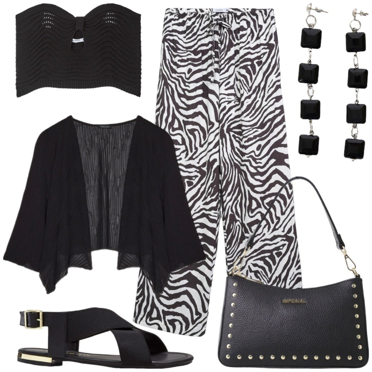 Outfit donna - Serata speciale. Stile Trendy per Serata fuori. Abbinamento con sandali, pantaloni, top, borse a spalla, orecchini, bolero.