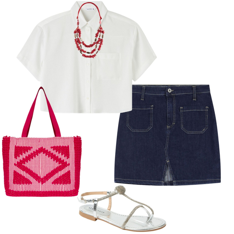 Outfit donna - La collana rossa. Stile Basic per Tutti i giorni. Abbinamento con ciabatte, camicie a manica corta, minigonne, borse a mano, collane.