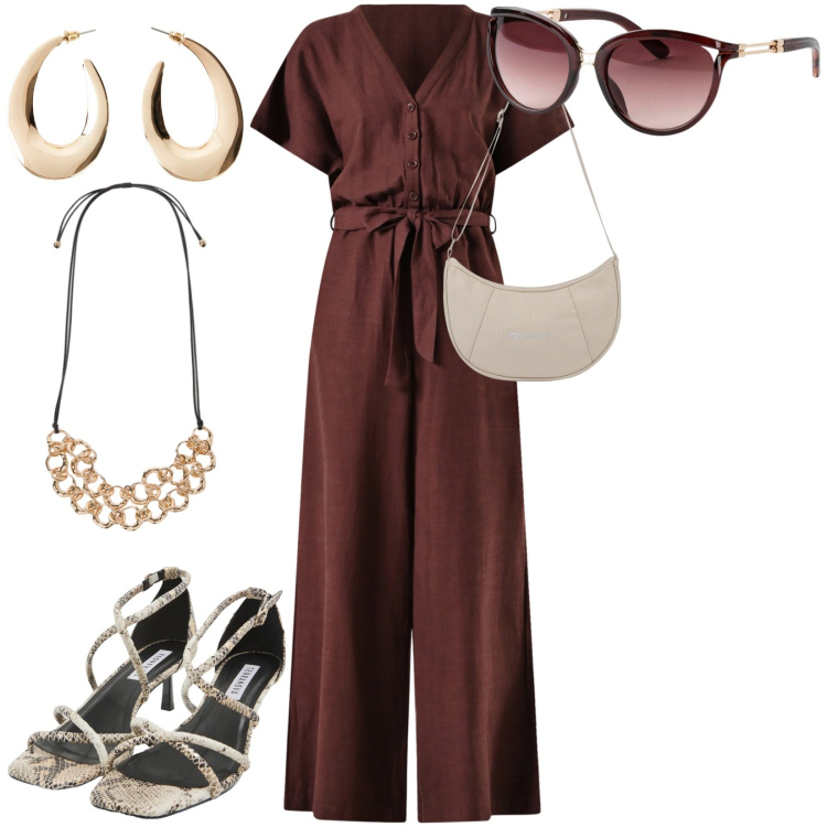 Outfit donna - In ufficio. Stile Casual per Ufficio. Abbinamento con orecchini, occhiali da sole, sandali col tacco, tute, borse a spalla, collane.